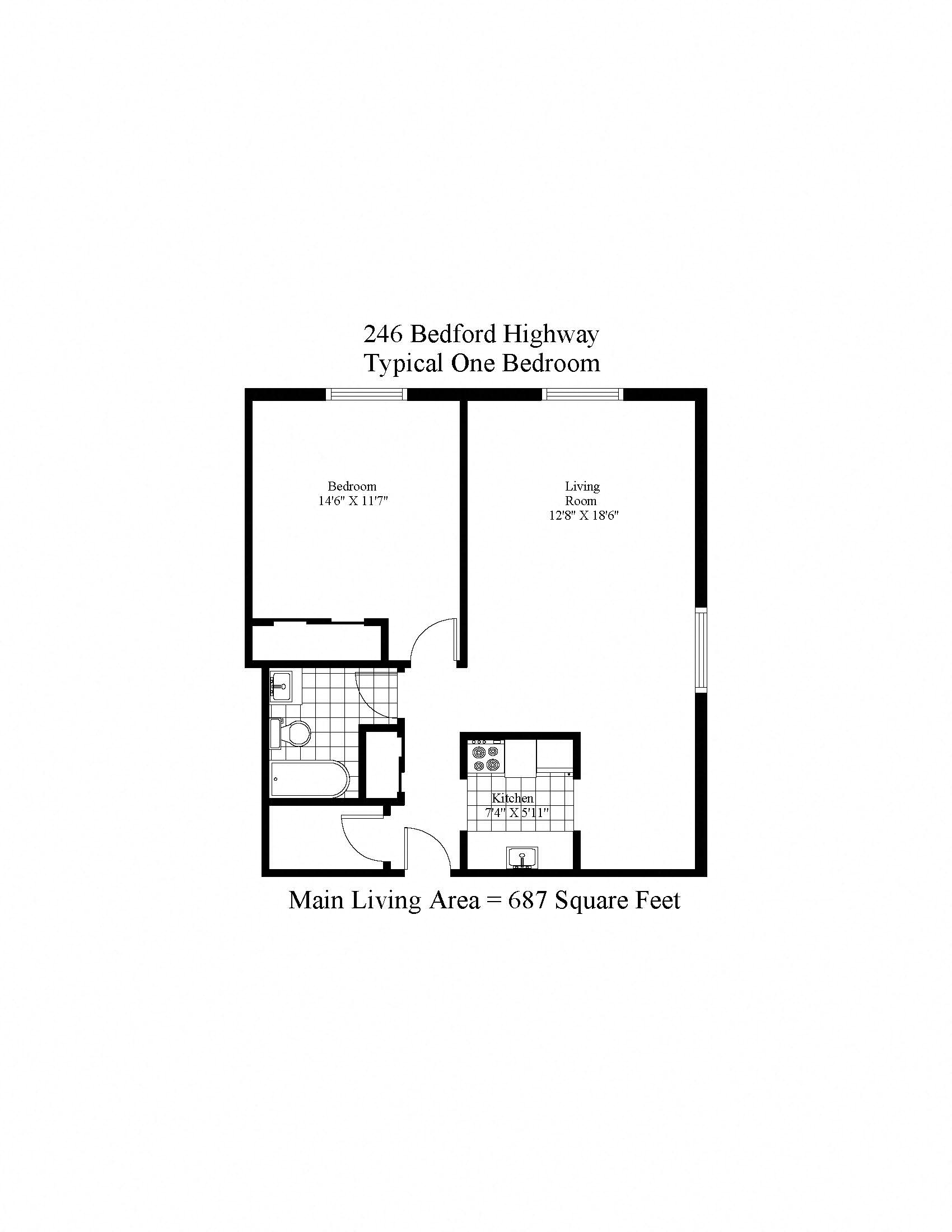 Floor plan for 1 bed, 1 bath, 694 sqft
